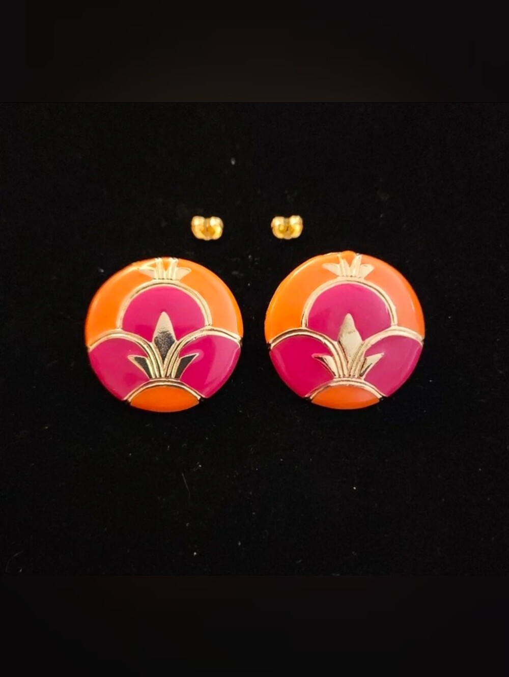 Vintage Avon Pink & Orange Enamel Clip On Earrings Gold Tone Retro Statement